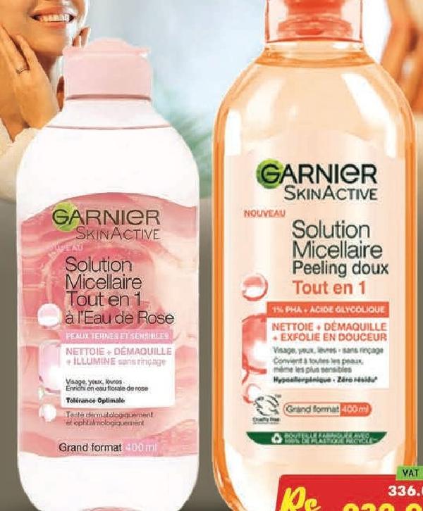 Garnier SkinActive Solution Micellaire Tout en 1 à l'Eau de Rose / Peeling doux Tout en 1 Grand format 400ml