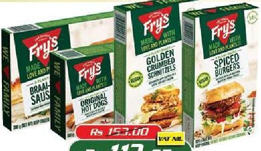 Fry's Braai Sausages 380g/ Chicken Style Burger 320g/ Hot Dogs 360g/ Sausages 380g/ Schnitzel 320g/ Siced Burger 320g/ Spicy Sausages 380g/ Traditional Burger 320g/ Vegetarian Polony 380g