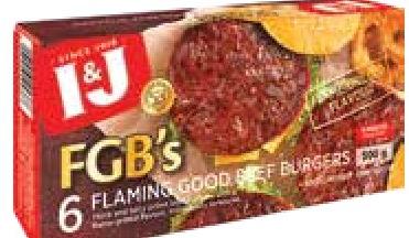 I & J FGB's Flaming Good Beef Burgers 6 Pack 500g